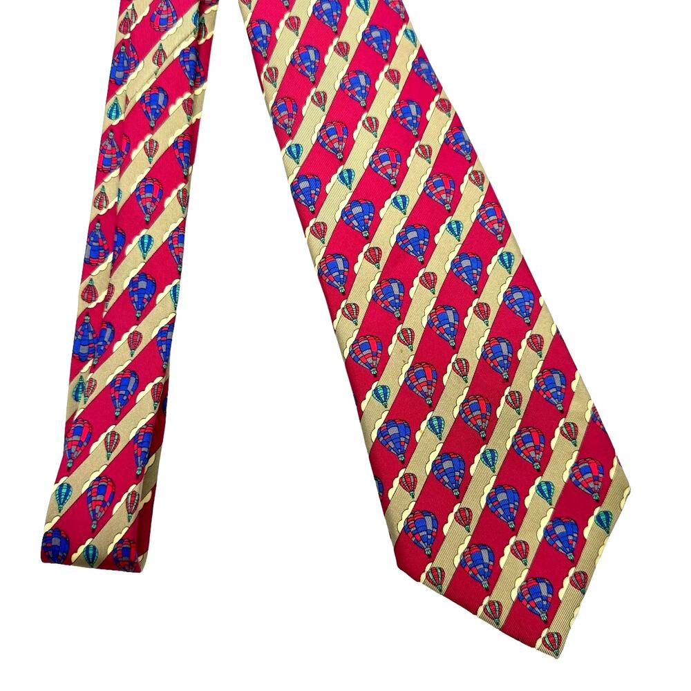 Hermes 100% Silk Cranberry Red Hot Air Balloon Novelty Print Men's Neck Tie